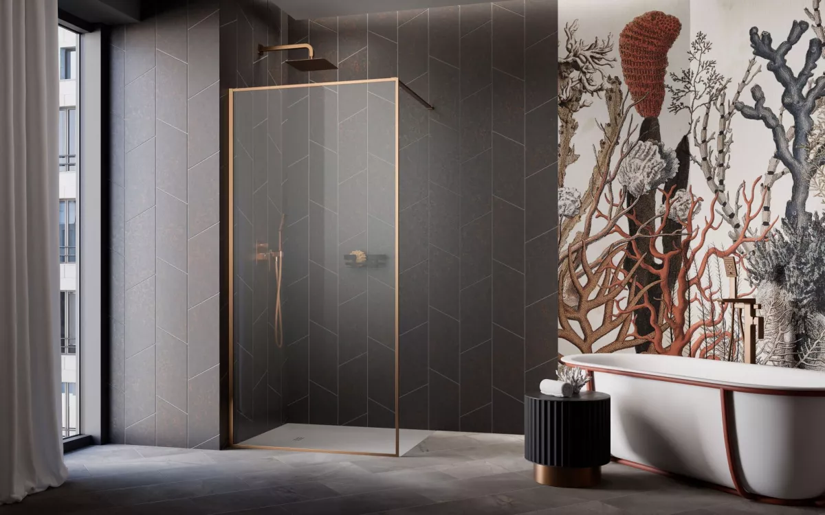 Modo F II Brushed Copper Walk-in szálcsiszolt réz zuhanyfal enteriőr (a képen balos zuhanyfal látható)