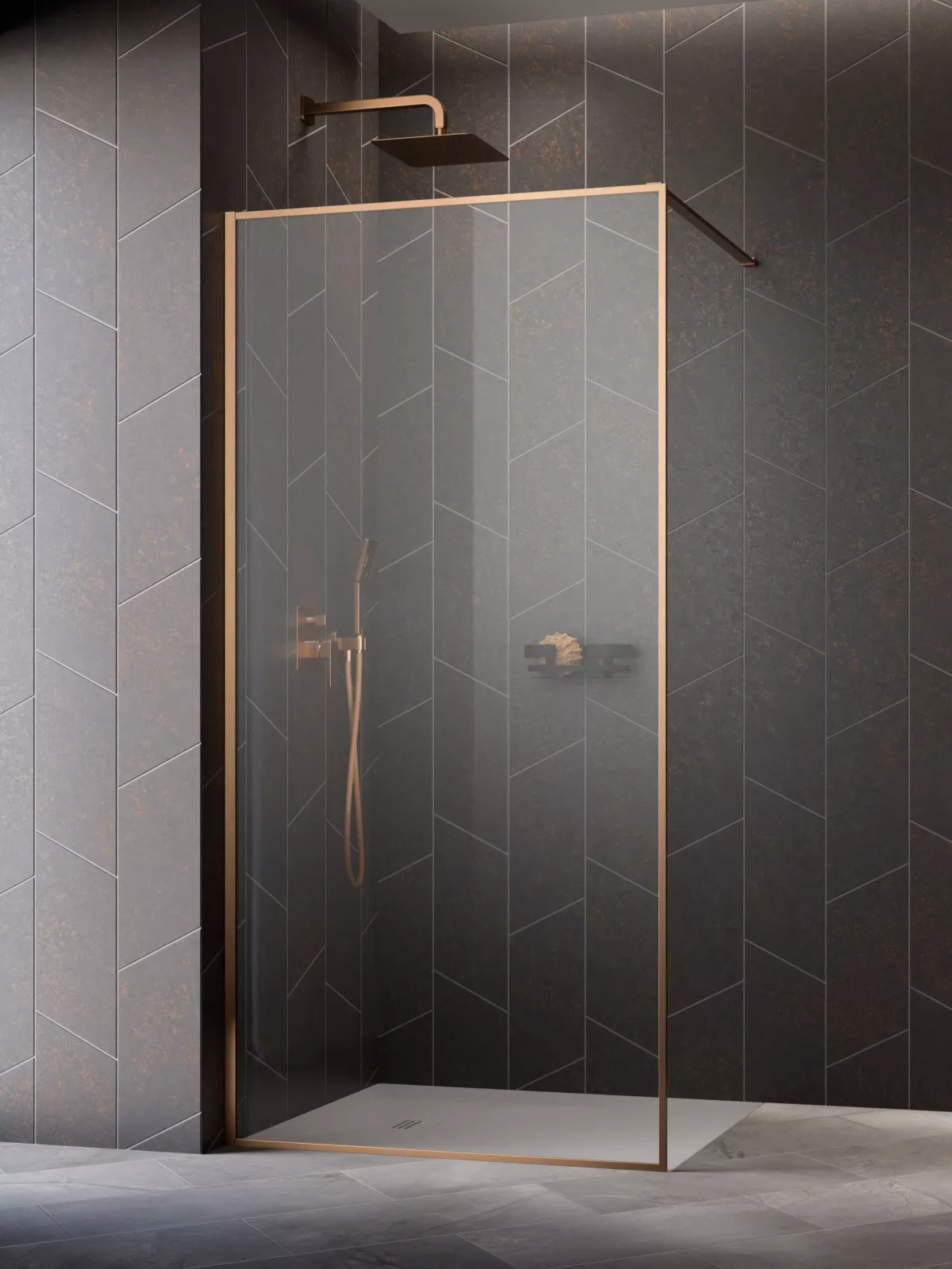 Modo F II Brushed Copper Walk-in szálcsiszolt réz zuhanyfal (a képen balos zuhanyfal látható)