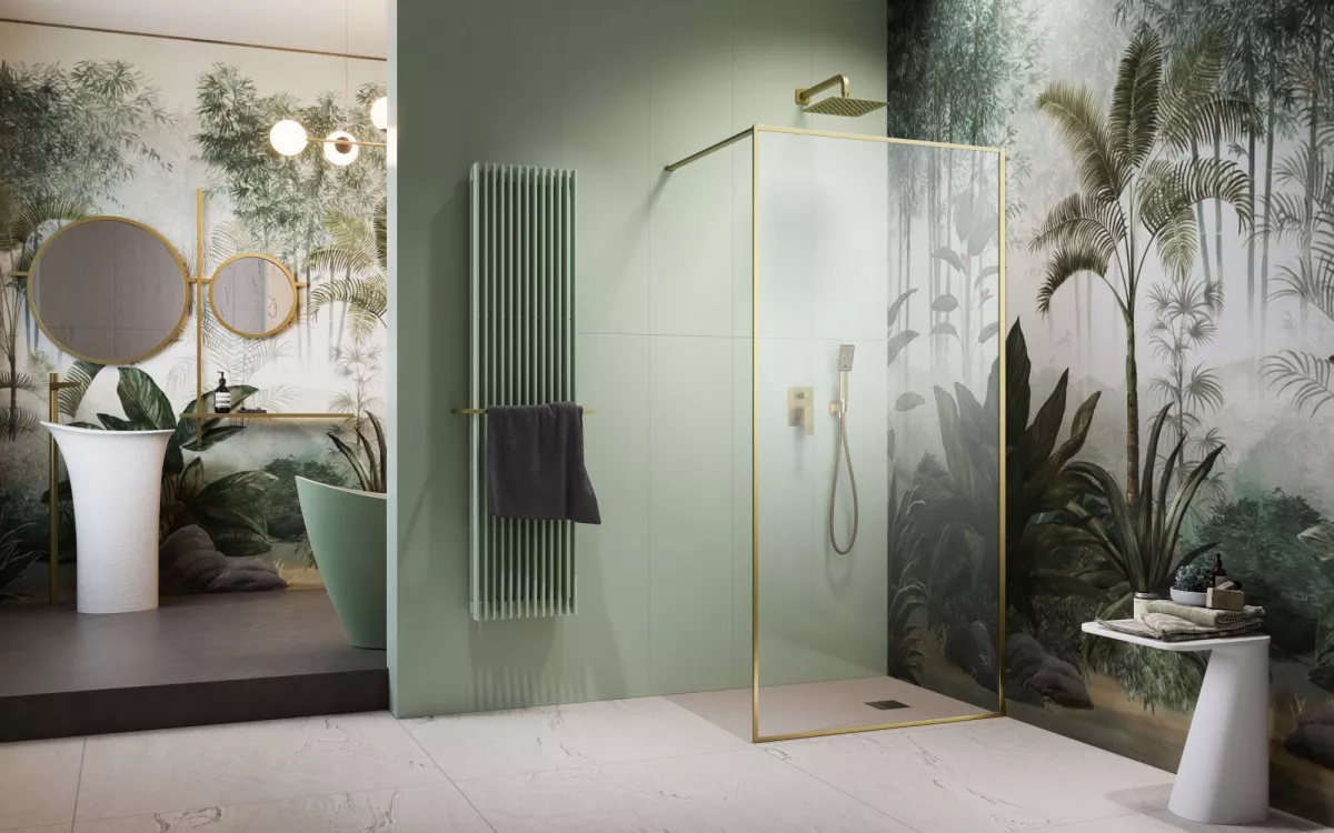 Modo F II Brushed Gold Walk-in szálcsiszolt arany zuhanyfal enteriőr (a képen jobbos zuhanyfal látható)