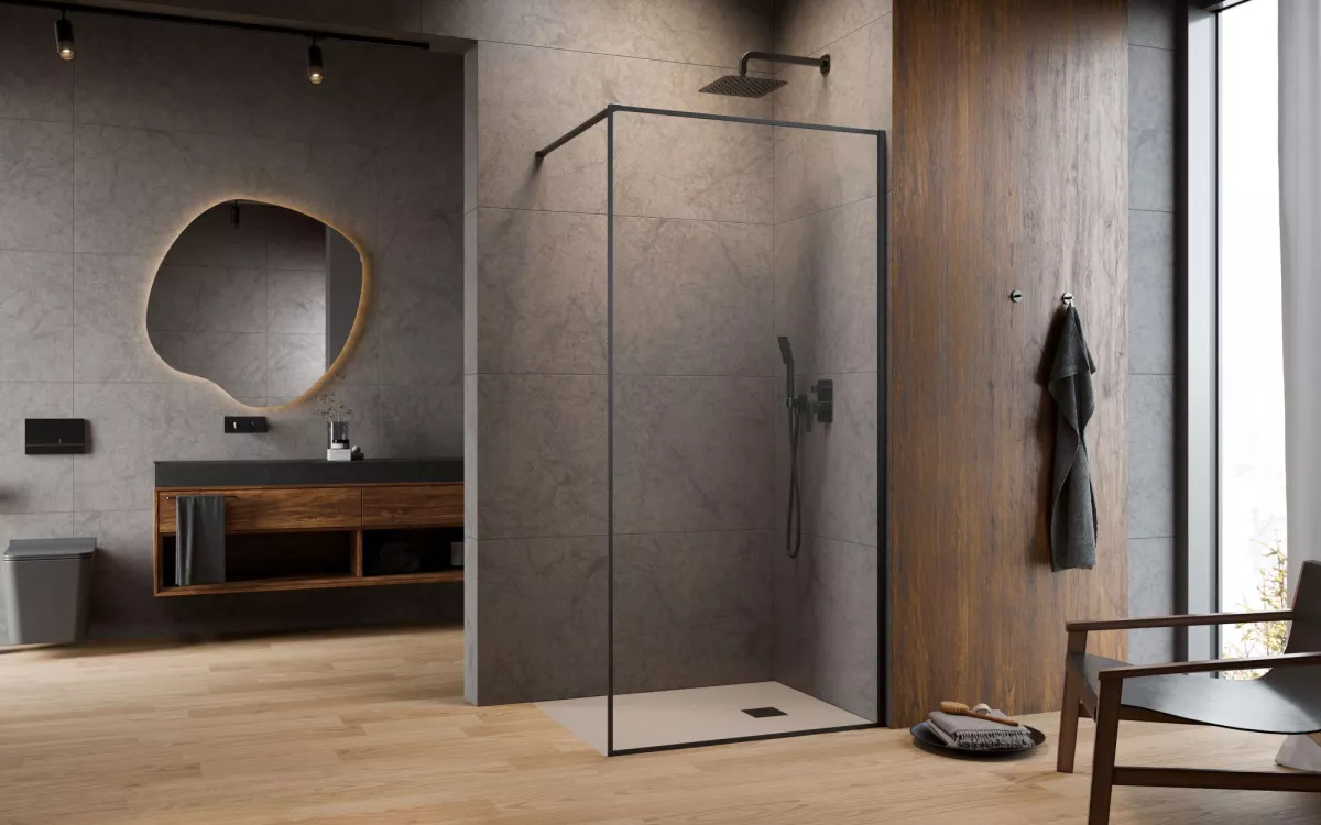 Modo F II Brushed GunMetal Walk-in szálcsiszolt fegyvermetál zuhanyfal enteriőr (a képen jobbos zuhanyfal látható)