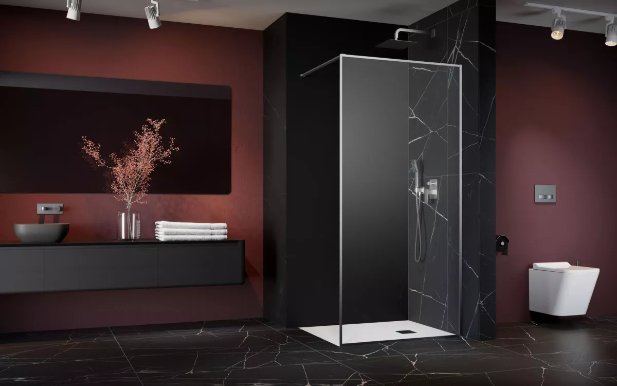 Modo F II Brushed Nickel Walk-in szálcsiszolt króm zuhanyfal enteriőr (a képen jobbos zuhanyfal látható)