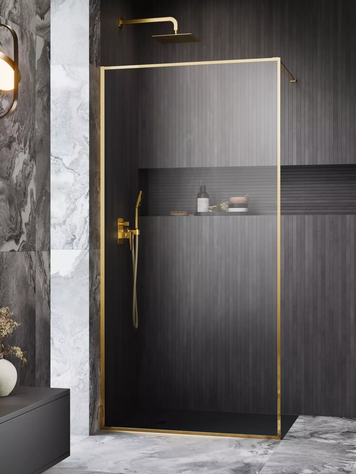 Modo F II Gold Walk-in arany zuhanyfal﻿﻿﻿﻿ (a képen balos zuhanyfal látható)
