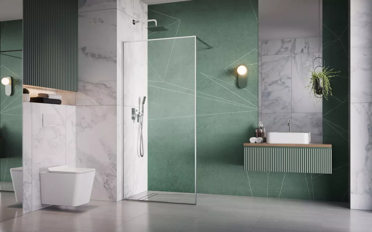 Modo F II Walk-in zuhanyfal enteriőr (a képen balos zuhanyfal látható)