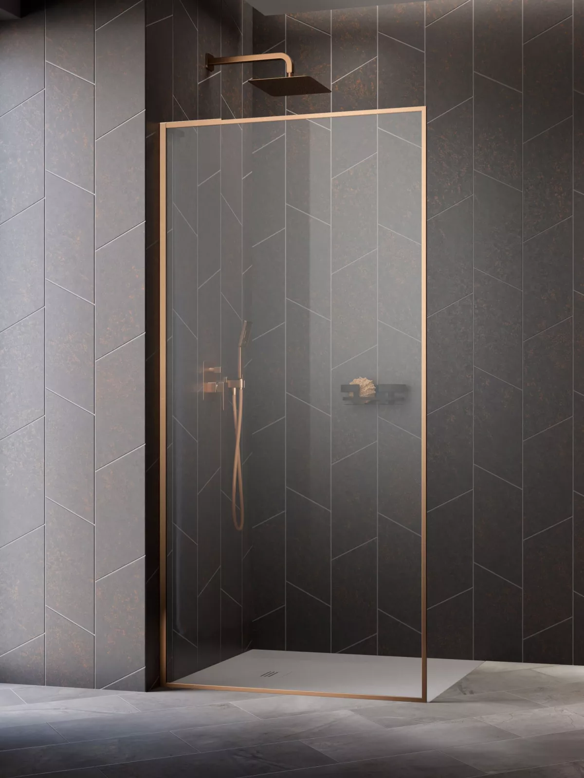 Modo F SL II Brushed Copper Walk-in szálcsiszolt réz zuhanyfal (a képen balos zuhanyfal látható)