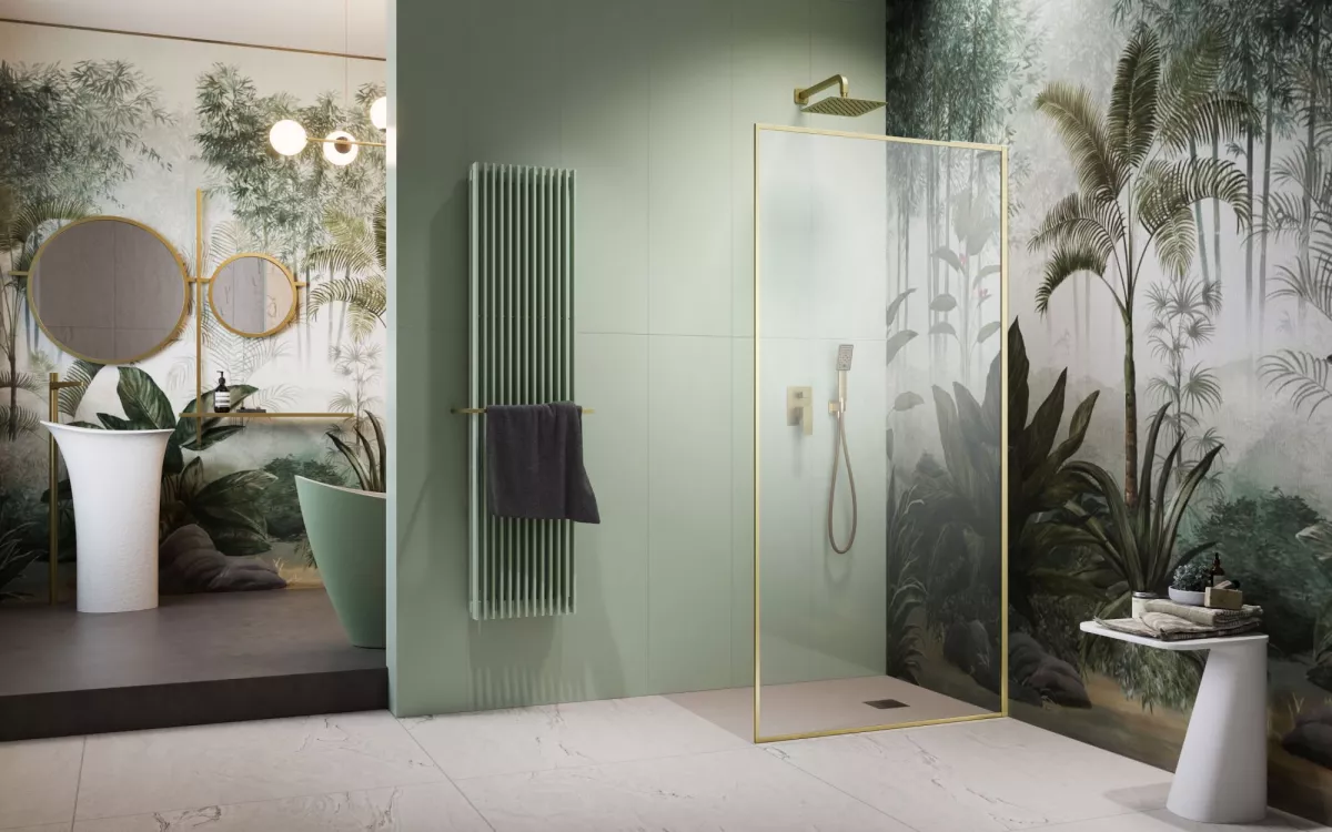 Modo F SL II Brushed Gold Walk-in szálcsiszolt arany zuhanyfal enteriőr (a képen jobbos zuhanyfal látható)