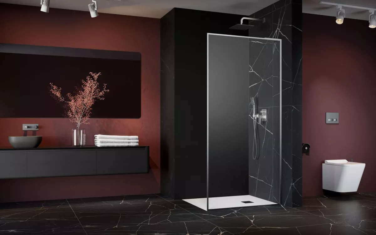 Modo F SL II Brushed Nickel Walk-in szálcsiszolt króm zuhanyfal enteriőr (a képen jobbos zuhanyfal látható)