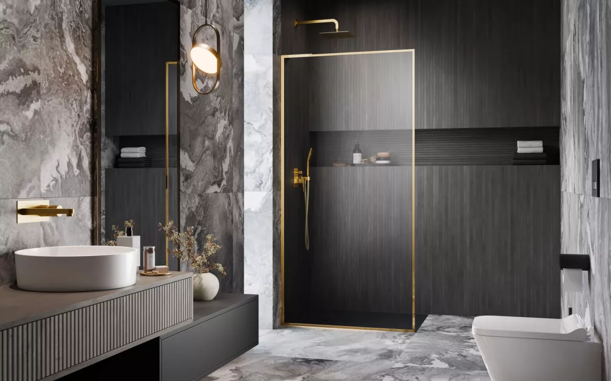 Modo F SL II Gold Walk-in arany zuhanyfal﻿﻿﻿﻿ enteriőr (a képen balos zuhanyfal látható)