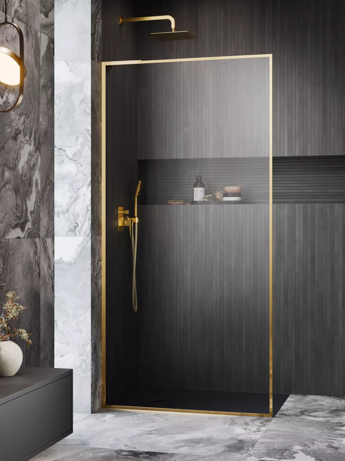 Modo F SL II Gold Walk-in arany zuhanyfal﻿﻿﻿﻿ (a képen balos zuhanyfal látható)