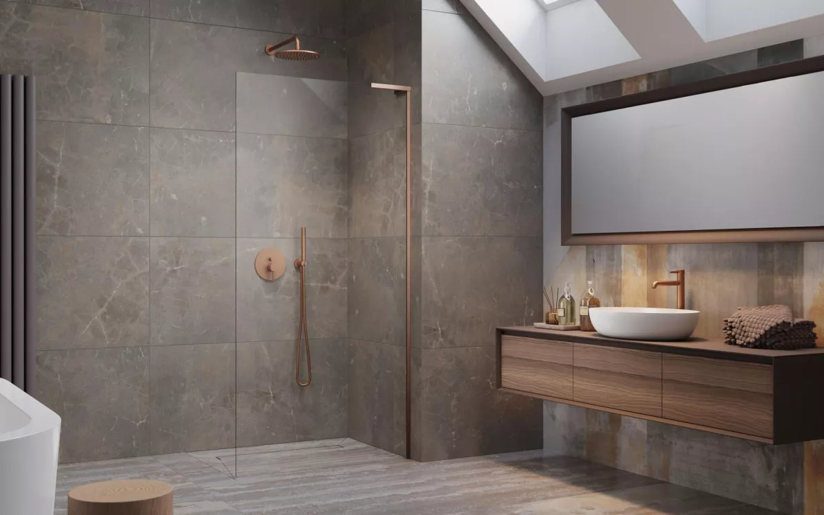 Modo SL II Brushed Copper Walk-in szálcsiszolt réz zuhanyfal enteriőr (a képen jobbos zuhanyfal látható)
