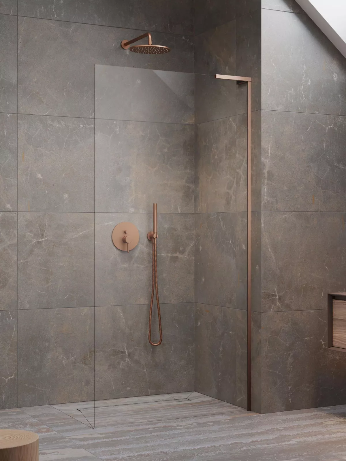Modo SL II Brushed Copper Walk-in szálcsiszolt réz zuhanyfal (a képen jobbos zuhanyfal látható)