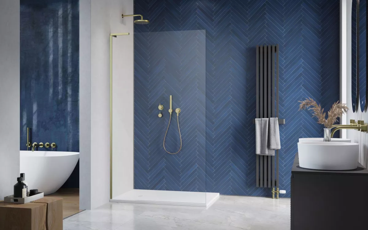 Modo SL II Brushed Gold Walk-in szálcsiszolt arany zuhanyfal enteriőr (a képen balos zuhanyfal látható)
