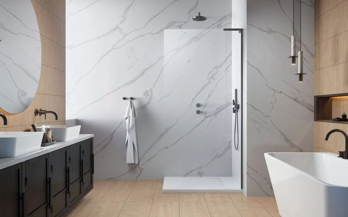 Modo SL II Brushed Gunmetal Walk-in szálcsiszolt fegyvermetál zuhanyfal enteriőr (a képen jobbos zuhanyfal látható)