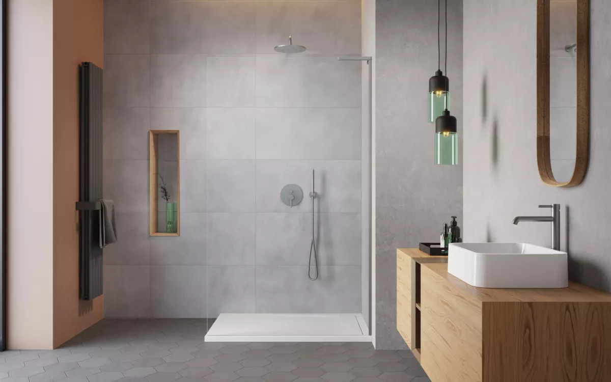 Modo SL II Brushed Nickel Walk-in szálcsiszolt króm zuhanyfal enteriőr (a képen jobbos zuhanyfal látható)