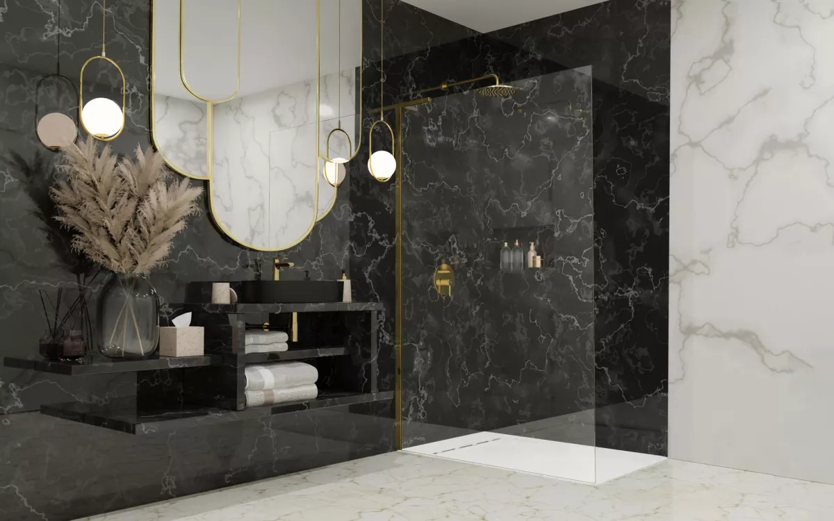 Modo SL II Gold Walk-in arany zuhanyfal enteriőr (a képen balos zuhanyfal látható)