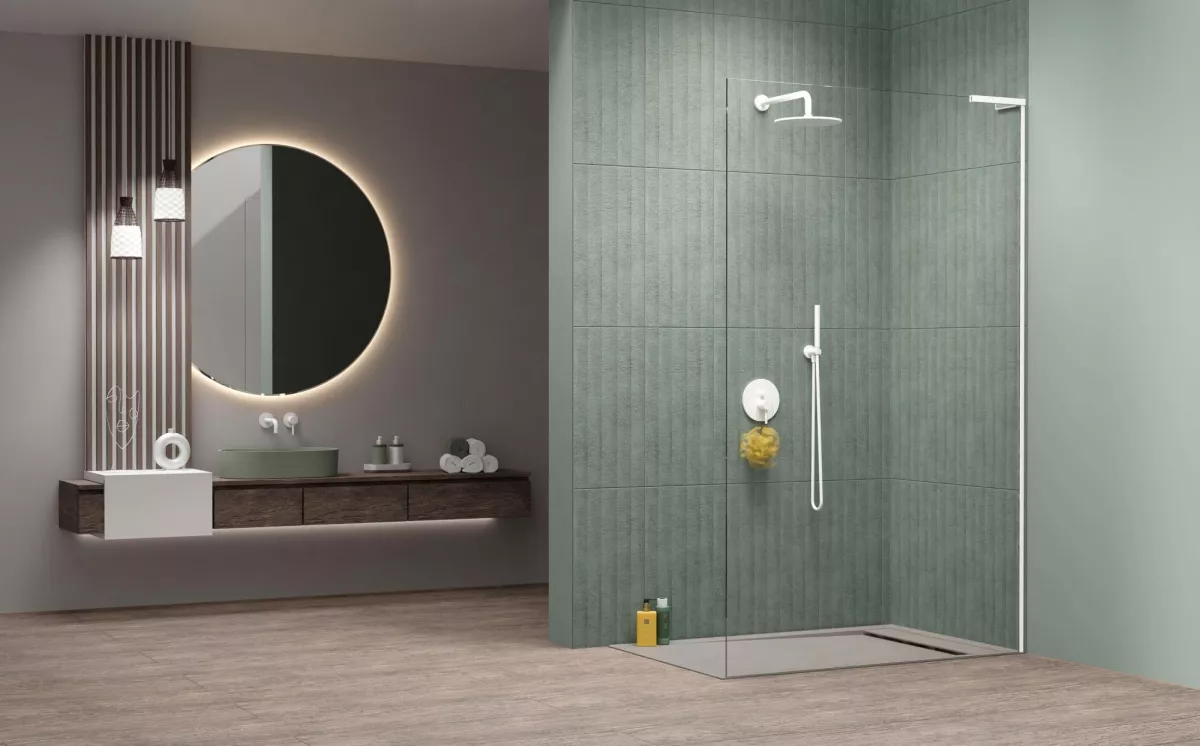 Modo SL II White Walk-in fehér zuhanyfal enteriőr (a képen jobbos zuhanyfal látható)