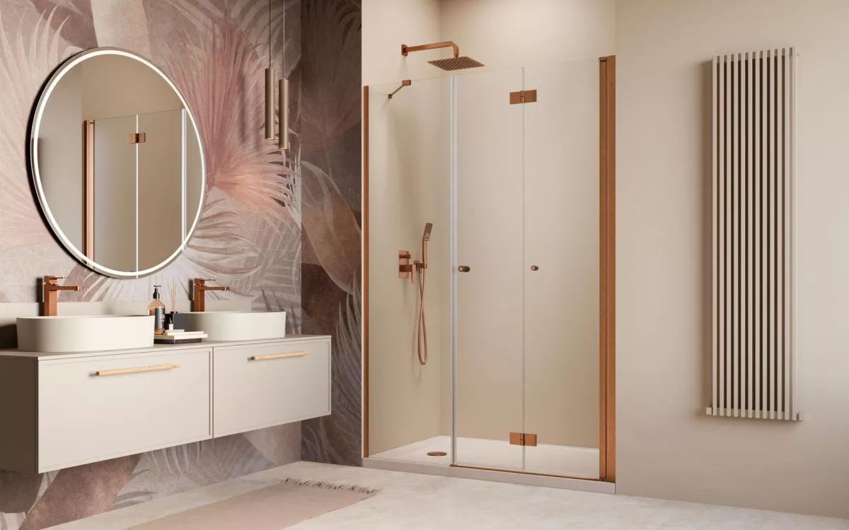 Nes Brushed Copper DWS B szálcsiszolt réz zuhanyajtó enteriőr (a képen jobbos zuhanyajtó látható)