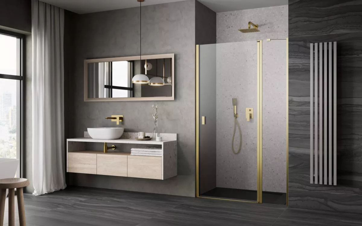 Nes Brushed Gold DWJ II szálcsiszolt arany zuhanyajtó enteriőr (a képen jobbos zuhanyajtó látható)