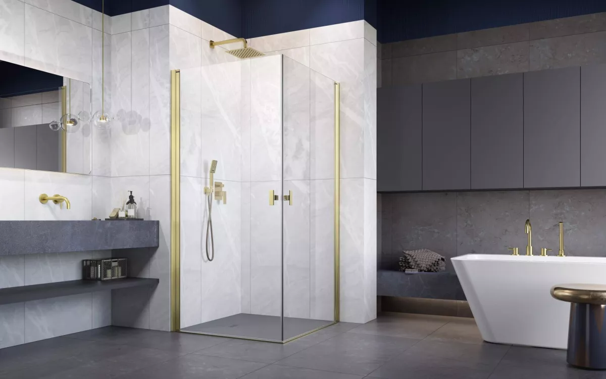 Nes Brushed Gold KDD I szálcsiszolt arany zuhanykabin enteriőr