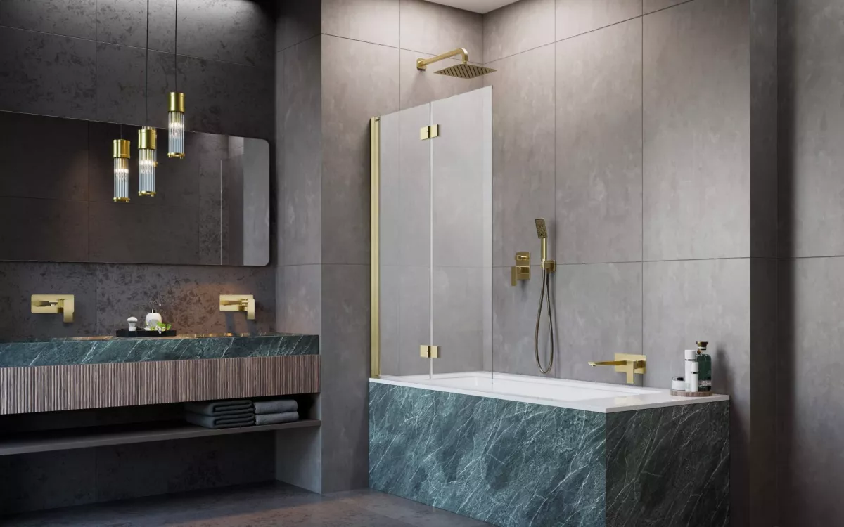 Nes Brushed Gold PND I szálcsiszolt arany kádparaván enteriőr (a képen balos kádparaván látható)
