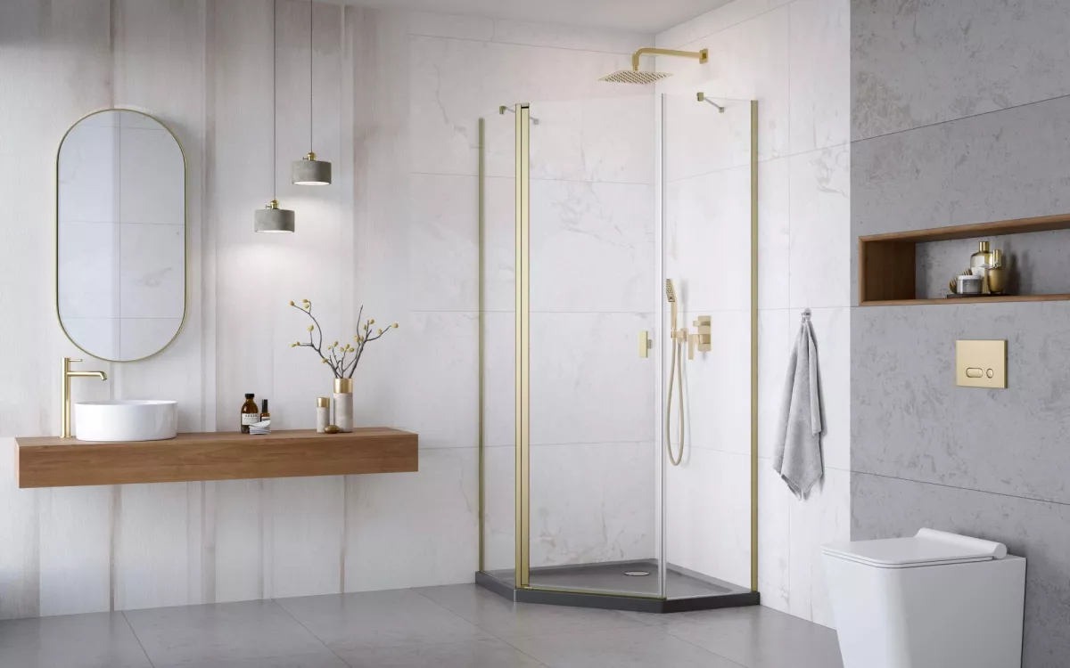 Nes Brushed Gold PTJ szálcsiszolt arany zuhanykabin enteriőr (a képen balos zuhanykabin látható)
