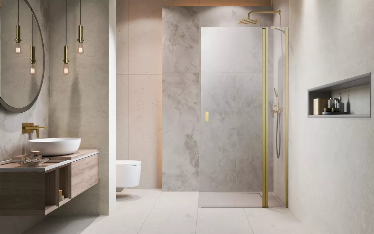 Nes Brushed Gold Walk-in KDD II szálcsiszolt arany zuhanyfal enteriőr (a képen jobbos zuhanyfal látható)