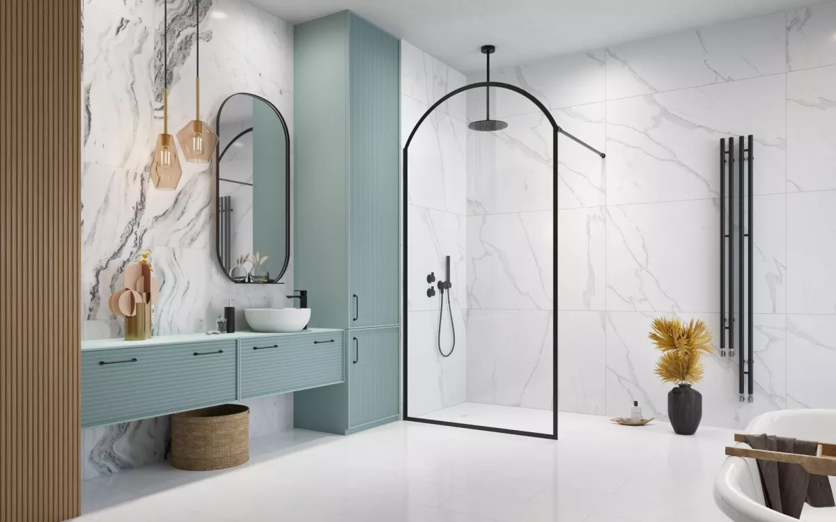 Volta Black II Frame fekete Walk-in zuhanyfal enteriőr (a képen balos zuhanyfal látható)