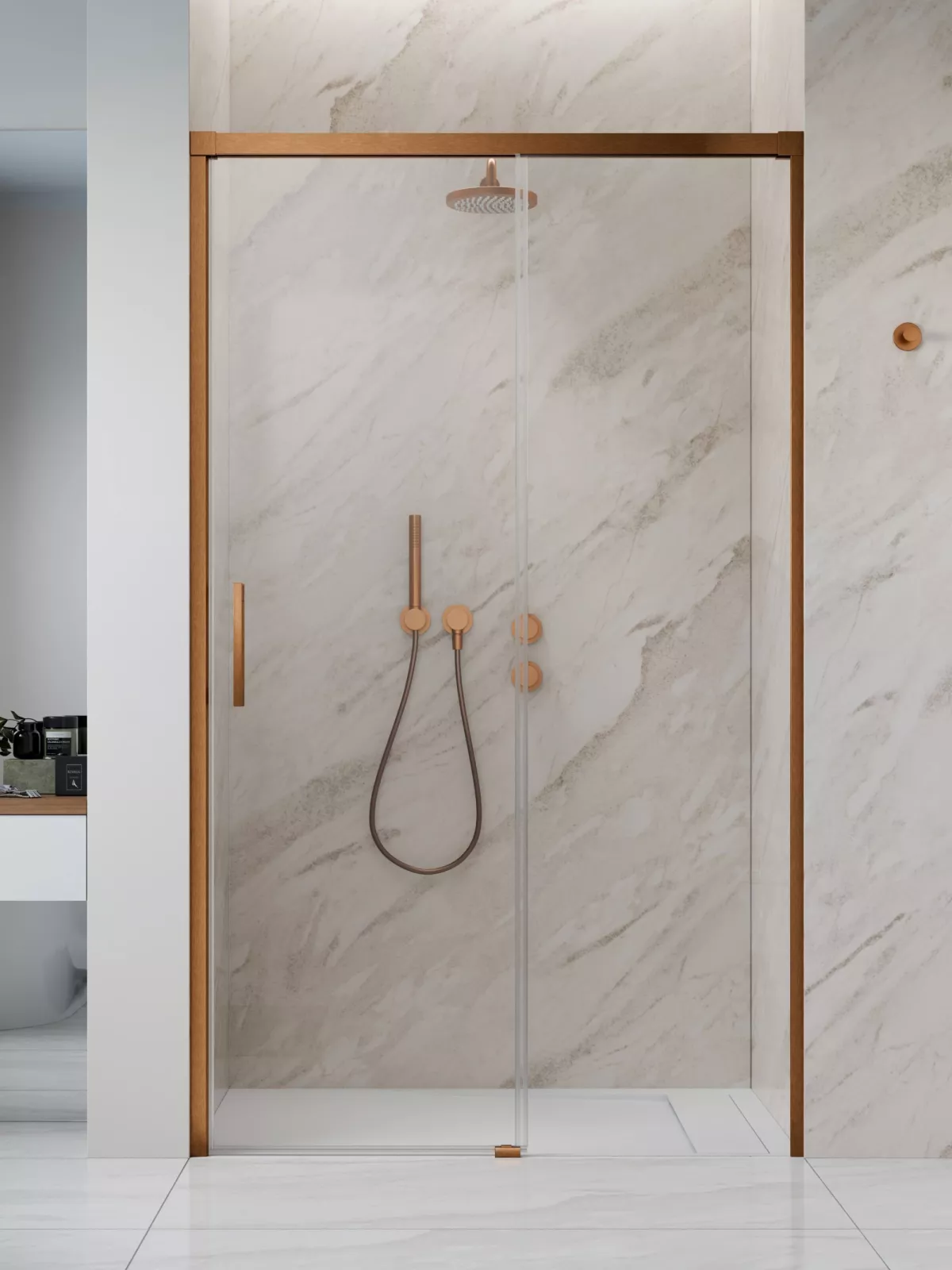 Idea Brushed Copper DWJ szálcsiszolt réz zuhanyajtó (a képen jobbos zuhanyajtó látható)