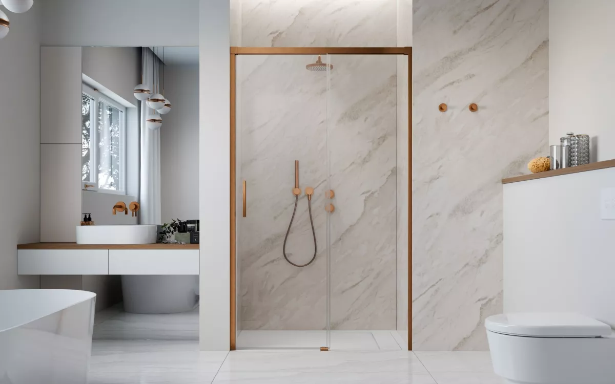 Idea Brushed Copper DWJ szálcsiszolt réz zuhanyajtó enteriőr (a képen jobbos zuhanyajtó látható)