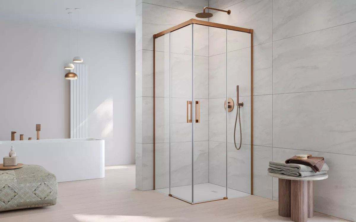 Idea Brushed Copper KDD szögletes szálcsiszolt réz zuhanykabin enteriőr