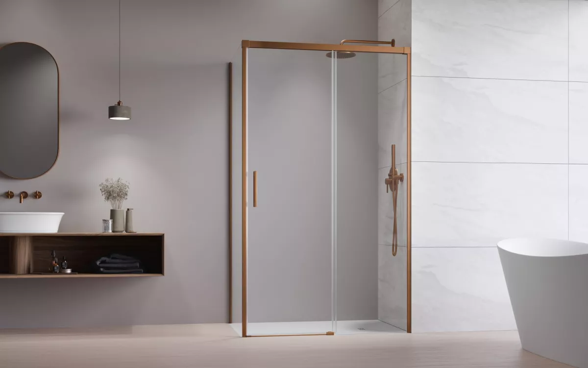 Idea Brushed Copper KDJ szögletes szálcsiszolt réz zuhanykabin enteriőr (a képen jobbos zuhanykabin látható)