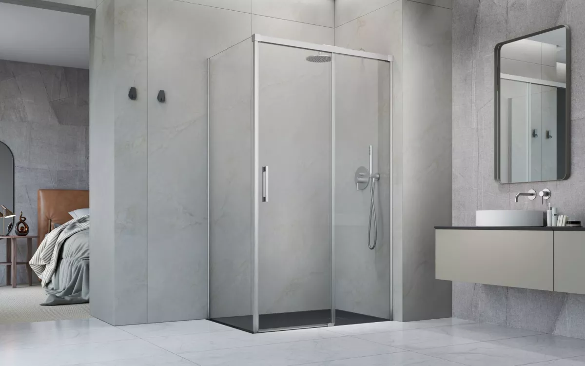Idea Brushed Nickel KDJ szögletes szálcsiszolt króm zuhanykabin enteriőr (a képen jobbos zuhanykabin látható)